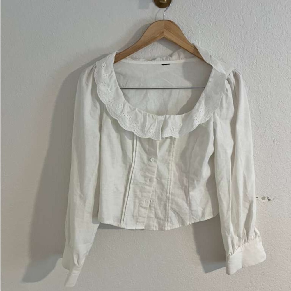 White Ruffled Square-Neck Button Front Top - image 2